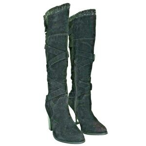 Shoedazzle Aleema Women's Size 6 Black‎ Sweater Trim Buckle Heeled Zip Boots